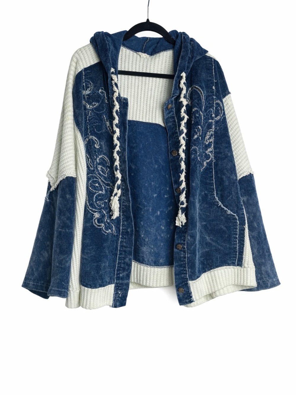 POL Blue Patchwork Hooded Cardigan with Embroidered Swirls - Picture 3 of 11